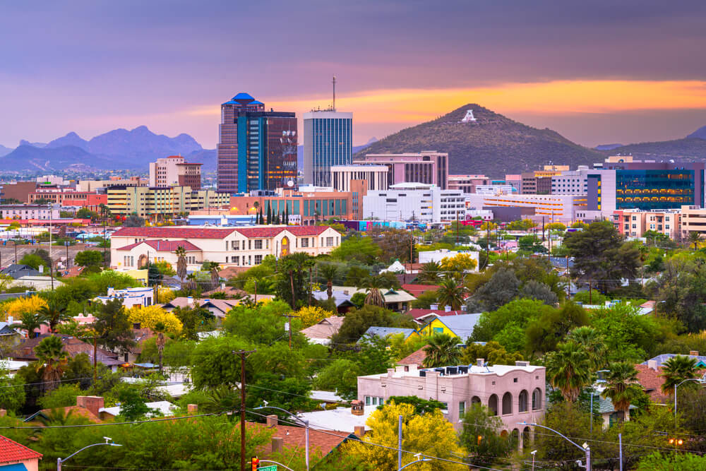 Tucson, Arizona, USA Downtown City Skyline With Mountains at Twilight.